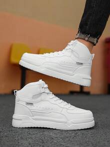 Minimalist Solid Color High-Top Sports Sneakers With Layered Upper, Thick Sole Height-Increasing Casual Shoes For Men - White - View 2