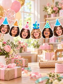 8/16/24pc Custom Face Photo Birthday Banner, Personalized Funny Portrait Head Cutout Bunting Garland With Colorful Party Hat, Custom Photo Banner For Birthday Party Decorations, Party Photo Booth Supplies - Multicolor - View 4