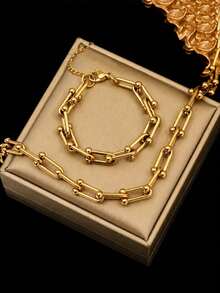 Stainless Steel Chain Necklace And Bracelet Set, Hip-Hop Style, Suitable For Everyday Wear. - Gold - View 6