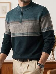 Men Color Block Quarter Zip Sweater, For Fall Winter, Long Sleeve Top - Green - View 4