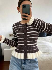 Women's Vintage Striped Cardigan Sweater Long Sleeve Button Front Ruffle Hem Knit Top For Fall Winter - Coffee Brown - View 1