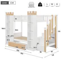 Bunk Bed, Loft Bed, Kids' Bed, 90x200 Cm Wooden Bed With Drawer, Safety Rails And Ladder With Storage, Castle-Shaped Storage, White+Natural Color - White - View 12