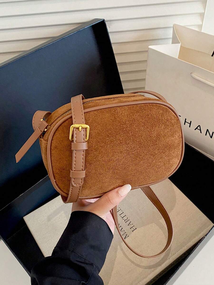 Tas Bahu Bulat Kecil Vintage Korea untuk Wanita Musim Gugur dan Musim Dingin, Tas Persegi Kecil Maillard Sederhana Baru untuk Bepergian, Tas Selempang - Coklat - View 1
