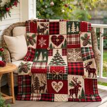 1 buah Selimut Natal Patchwork Kotak-kotak Merah Motif Rusa dan Pohon Pinus, Selimut Dekoratif Liburan untuk Sofa Motif Kotak-kotak Vintage - MultiWarna - View 2