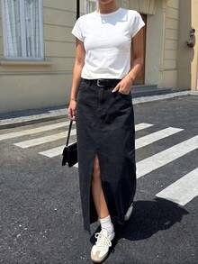 White High Waist Denim Long Skirt For Women, Back Slit Mid-Length Straight Casual Commuter Skirt - Black - View 4