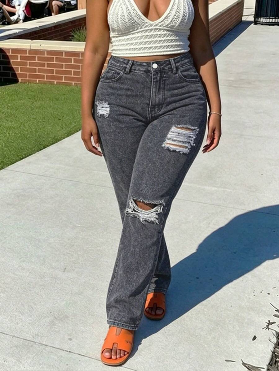 Women's Distressed Tapered Loose Boyfriend Style Jeans Casual - Grey - View 1