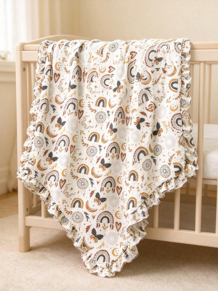 1pc Soft Baby Blanket With Ruffle Edge, Breathable Skin-Friendly Newborn Swaddle, Suitable For Nursery And Stroller, All Season - Multicolor - View 1