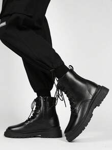 1 Pair Men's Black Matte Leather Round Toe Lace-Up Ankle Boots, Side Zipper, Thick Serrated Non-Slip Sole, Height Increase, Cargo Style Style, Versatile Thick Sole Derby Boots For Autumn/Winter - Black - View 5
