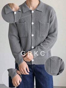 GRKC كارديجان رجالي بياقة بولو محبوك مع أزرار أمامية وجيوب مزدوجة، كنزة طويلة الأكمام بنسيج عتيق للخريف/الشتاء - رمادي - مشاهدة 2