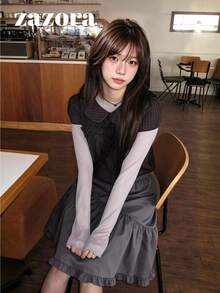 Korean Style Slouchy Chic Elastic Waist Slimming Versatile Casual Asymmetrical Ruffle A-Line Midi Skirt For Women - Grey - View 5