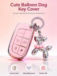 Car Key Cover Cute Puppy Keychain, Shiny Rhinestone Spring Ring Design, Soft TPU Protective Shell, Compatible With For Chrysler 200 300 Dodge RAM Challenger Journey - A - View 3