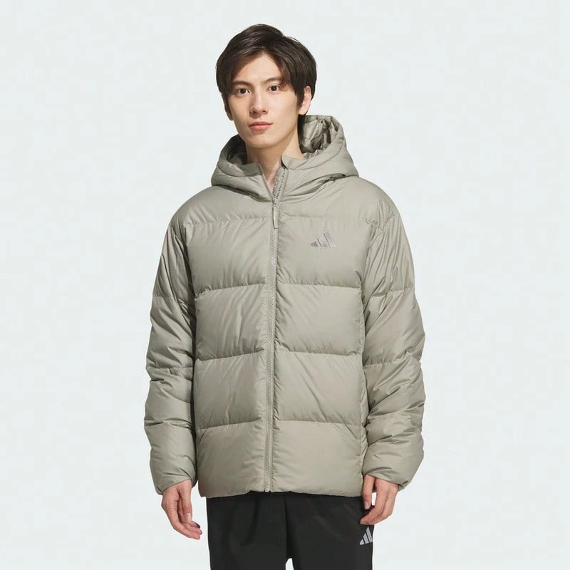 ADIDAS Men's Grey-Green Hooded Down Jacket, Minimalist Outdoor Sports Style, Autumn/Winter City Commute Outfit, KC2479 - Olive Green - View 1