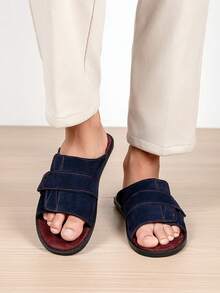 Vintage Men's Outdoor Slippers With Cross-Strap Hook And Loop Design, Easy On/Off, Soft Fleece Lining, Foot Protection, Minimalist Style, Versatile For Daily Commute And Casual Wear - Blue-red - View 5