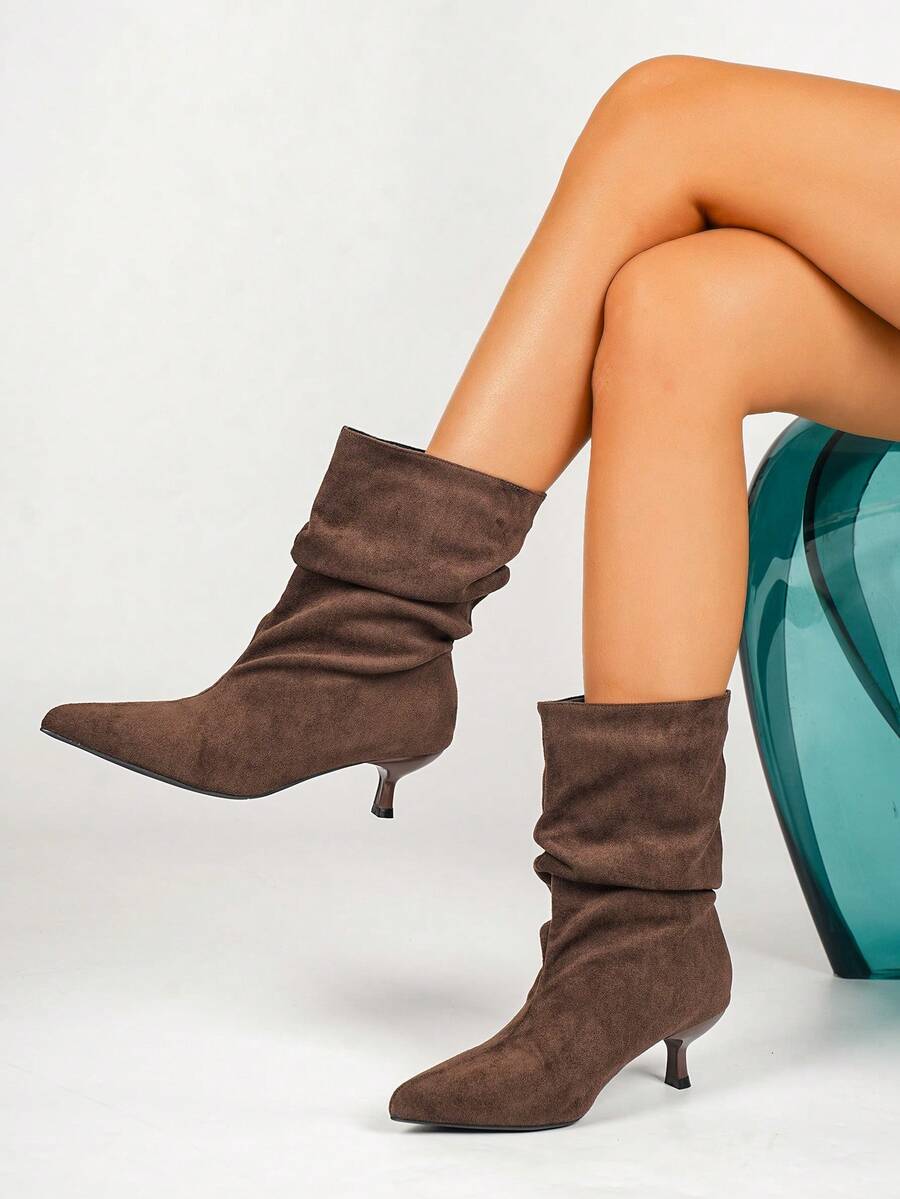 Women's Pointed Toe Ruched Mid-Calf Boots, Vintage Ruched Kitten Heel Ankle Boots - Rust Brown - View 1