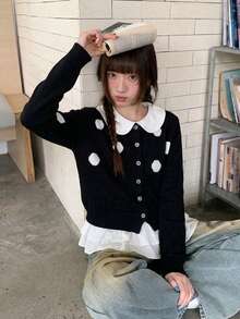 Women's Black Polka Dot Knit Cardigan Sweater, Casual Versatile Winter Outfit Top - Black - View 5