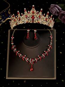 3pcs Vintage Red Rhinestone Crown Headband Necklace Earrings Set, Bridal Wedding Prom Party Jewelry - Red - View 9