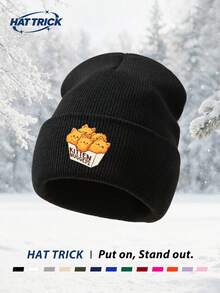 1pc Unisex Cat & Chicken Nugget Print Knitted Beanie, Soft Warm Comfortable Minimalist Knitted Hat, Hip Hop Rapper Style Brimless Cap, Versatile Fashion Hat For Daily Wear, Party, Commute, Sports, Hiking, Travel - A - View 1