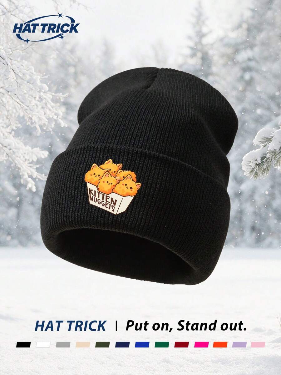 1pc Unisex Cat & Chicken Nugget Print Knitted Beanie, Soft Warm Comfortable Minimalist Knitted Hat, Hip Hop Rapper Style Brimless Cap, Versatile Fashion Hat For Daily Wear, Party, Commute, Sports, Hiking, Travel - A - View 1