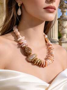 1pc Vintage Luxury Style Faux Shell Pink Tone Asymmetrical Crushed Stone Beaded Necklace For Women, Evening Party, Daily Commute - X-1917 - View 2