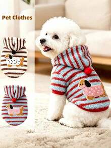1pc Autumn/Winter Dog Clothes Cartoon Striped Dachshund Leash-Compatible Two-Legged Fleece Hoodie For Bichon, Teddy, Small Dogs, Thickened Warm Pet Apparel - Multicolor - View 2
