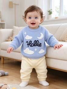 Infant Knitted Embroidered Crew Neck Pullover Sweater, Unisex Baby Comfortable Soft Versatile Outdoor Wear Knit Cardigan Long Sleeve Top - Blue - View 10