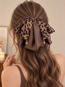topshiny 1pc Leopard Print Satin Bow Ribbon Hair Claw Clip, New Women's Half-Up Ponytail Hair Claw For Back Of Head - Multicolor - View 4