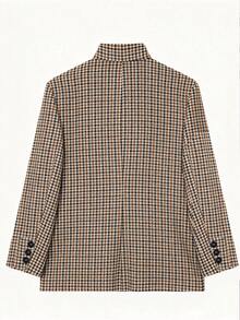 Women's Autumn/Winter Blazer, Elegant Asymmetrical Diagonal Opening Design Dual-Color Plaid Casual Blazer, Vintage Elegant, Suitable For Commute Wear, Office Wear - Brown - View 7