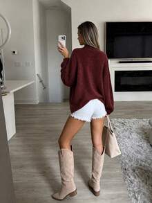 FOR BEAUTY Women's Autumn/Winter Cardigan, Y2K Fashion Red Round Neck Front Button Knit Jacket, Basic Business Casual Commute Outerwear Set - Burgundy - View 5