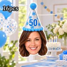 8/16/24pc Custom Face Photo & Text Birthday Banner, Personalized Portrait Cutout Bunting Garland With Number Party Hat, Milestone Birthday Party Decor,Photograph Backdrop - Multicolor - View 10