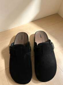 男士木製半套腳拖鞋，夏季套腳軟木情侶涼鞋，大尺碼辦公休閒包頭軟木底涼鞋，秋冬款 - 黑色 - 查看 5