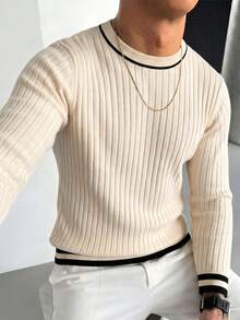 Mature Style Contrast Trim Round Neck Vertical Stripe Sweater, Soft Fitted Inner Layer Top For Men - White - View 4
