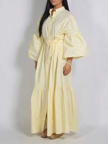 Women's Plus Size Elegant Long Shirt Dress, Casual Flared Sleeves, Stand Collar With Front Tie And Ruffle Hem, Suitable For Spring, Autumn, Winter Party And Vacation - Yellow - View 6