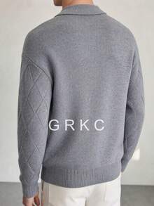 GRKC Herrstickad långärmad cardigan med nedvikt krage, helmönstrat diamantmönster, dragkedja fram, stickad jacka för pendling och resor, höst/vinter - Grå - Visa 5