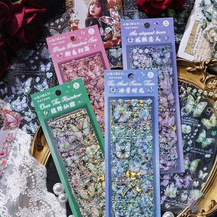 Crystal Glitter Butterfly Laser Waterproof Pet Diary Sticker Set DIY Gucard Diary Butterfly Theme Decorative Stickers - one-size - View 1