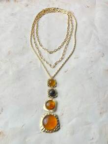 Layered Necklace Resin Stone Long Pendant Hammered Gold Vintage Old Money - Layered Resin Necklace - View 12