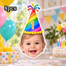 8/16/24pc Custom Face Photo & Text Birthday Banner, Personalized Portrait Cutout Bunting Garland With Number Party Hat, Milestone Birthday Party Decor,Photograph Backdrop - Multicolor - View 20