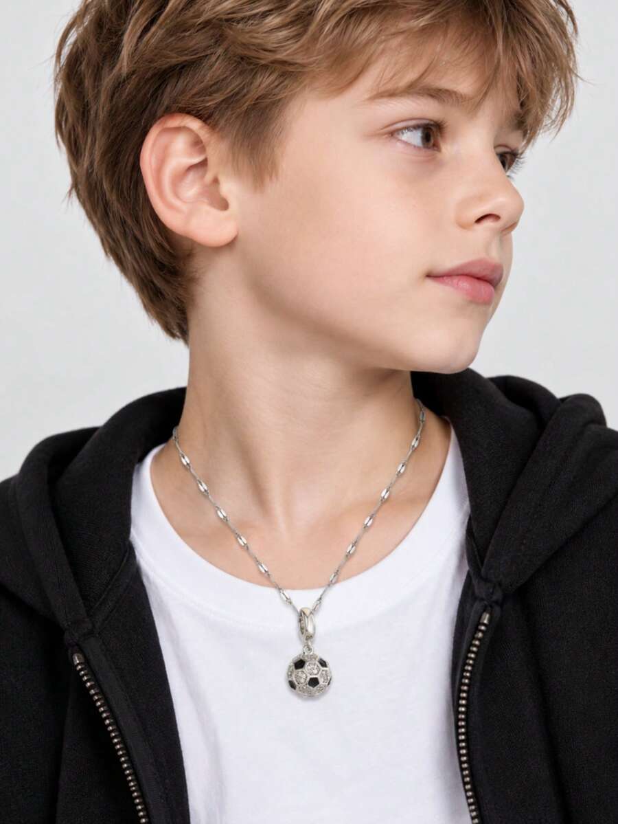 1pc Soccer Ball Pendant Necklace, Silver Shiny Rhinestone Chain, Suitable For Boys, Cute Children's Jewelry, Daily School Party Birthday Gift - Silver - View 1
