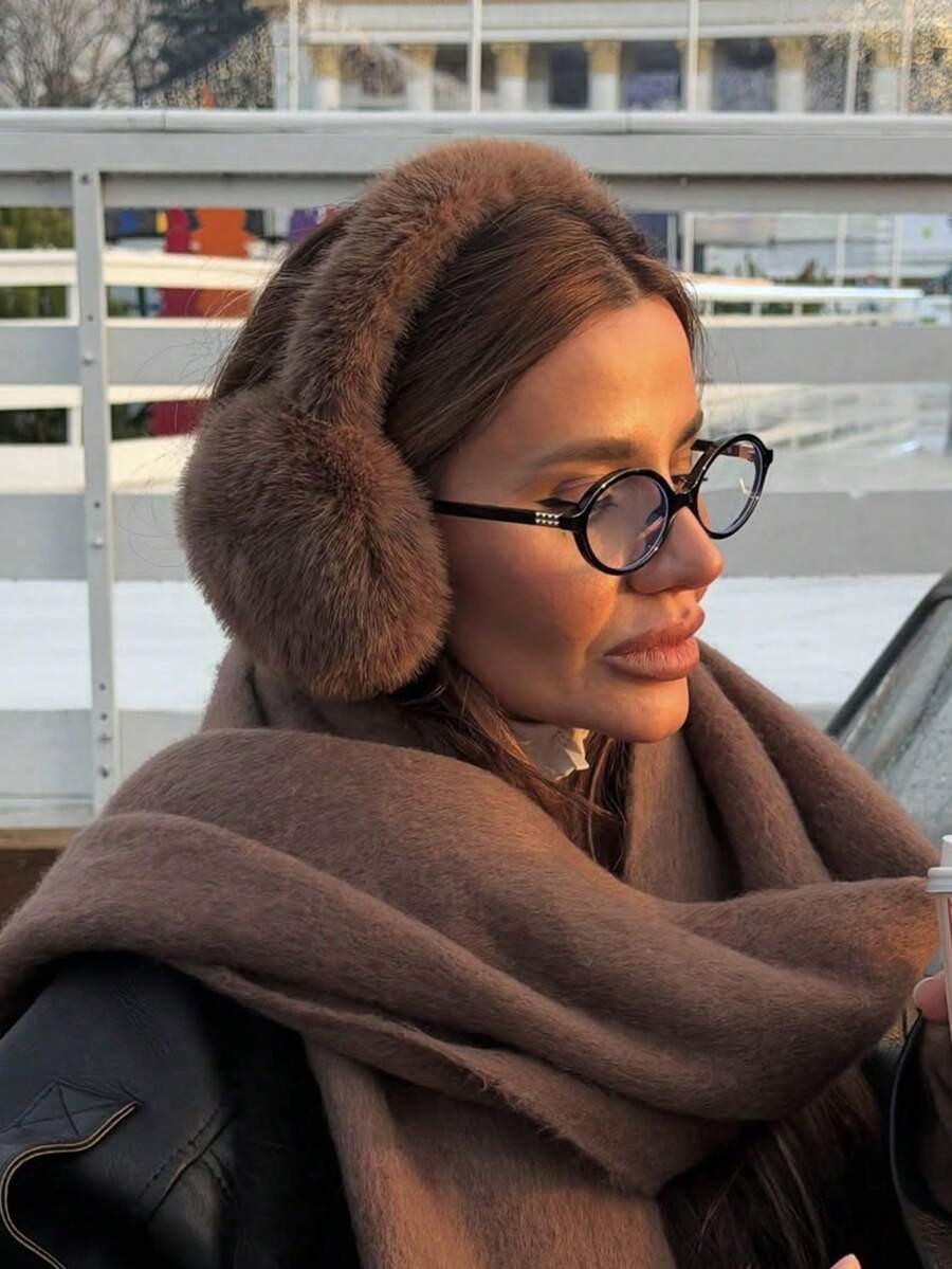 1pc/Set Winter Warm Coffee Color Earmuffs, Faux Rabbit Fur Material, Warm Insulation Lining, Foldable, Windproof Foldable Ear Covers, Winter Accessories - Brown - View 1