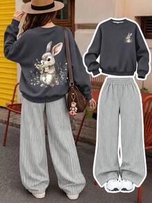 2 Packs Tween Girl Watercolor Bunny Floral Print Crewneck & Striped Wide Leg Pants Cute Matching Set. - Dark Grey - View 1