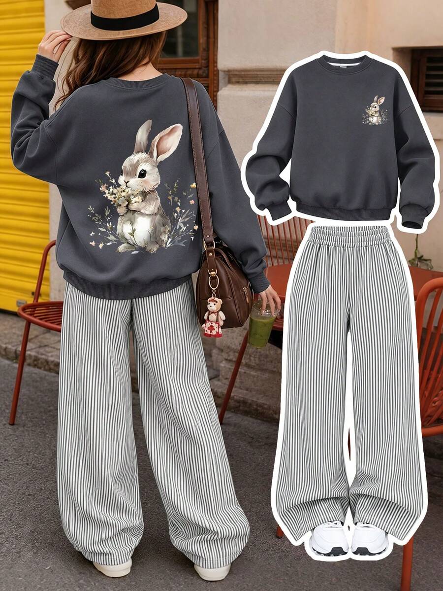 2 Packs Tween Girl Watercolor Bunny Floral Print Crewneck & Striped Wide Leg Pants Cute Matching Set. - Dark Grey - View 1