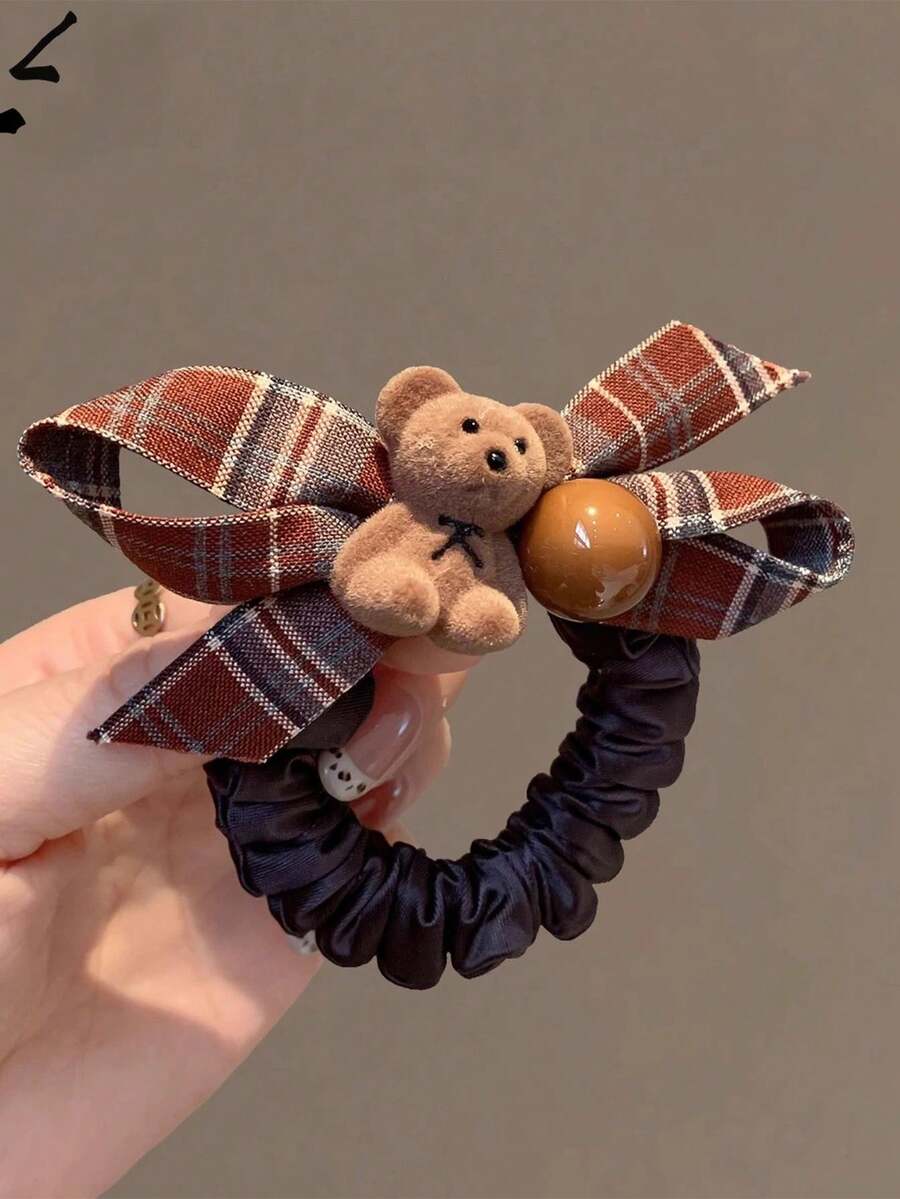 Fashion Plaid Bow Flocked Teddy Bear Hair Tie, Korean Style Cute Versatile Ponytail Hair Accessory - Multicolor - View 1