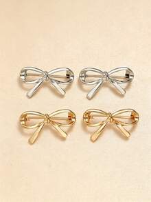 1pc/2pcs/4pcs European & American New Metal Bow Brooch, Unique Design Niche Accessory, Anti-Exposure V-Neck Pin, Versatile Style - Gold - View 2