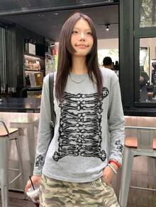 Korean Style Casual Personalized Lace-Up Floral Print Long Sleeve Top Women Autumn/Winter Loose Fit Flattering Drop Shoulder Round Neck Long Length Blouse - Light Grey - View 3
