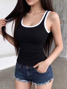 Women's Black & White Contrast Trim Round Neck Ribbed Tank Top, Slim Fit Sleeveless All-Match Camisole, Versatile Everyday Autumn/Winter Layering Inner Top - Black - View 10
