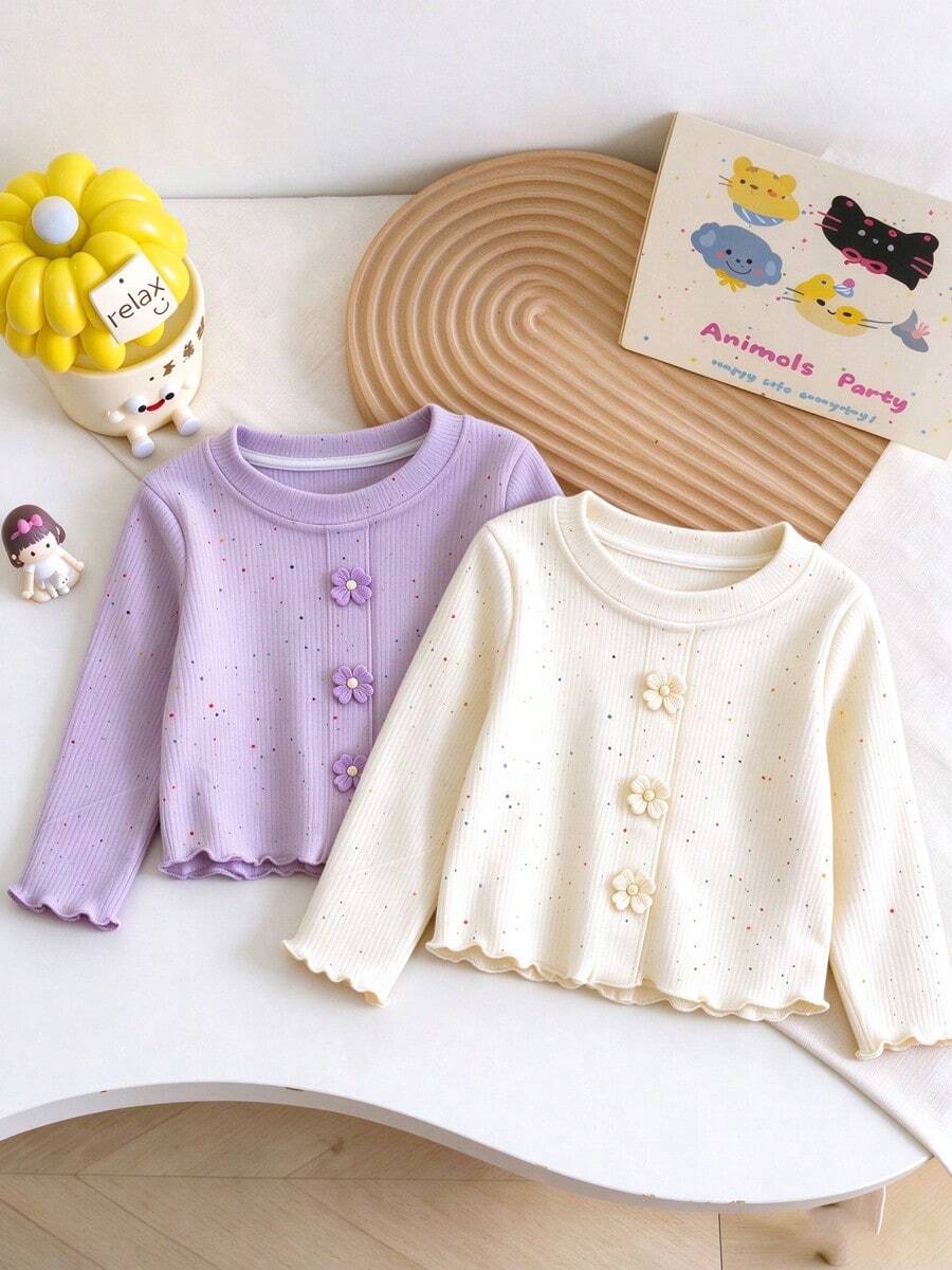 2pcs/Set Girls Long Sleeve T-Shirt, Spring/Autumn New Style Elegant Children's Top, Baby Princess Clothes, Autumn Base Layer - Multicolor - View 1