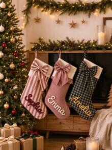 1 Personalized Christmas Stocking – Custom Handmade Yarn Name, Bow, And Plaid/Stripe Design; Suitable For Hanging By The Fireplace As Holiday Decor Or As A Festive Gift Bag. - Multicolor - View 6