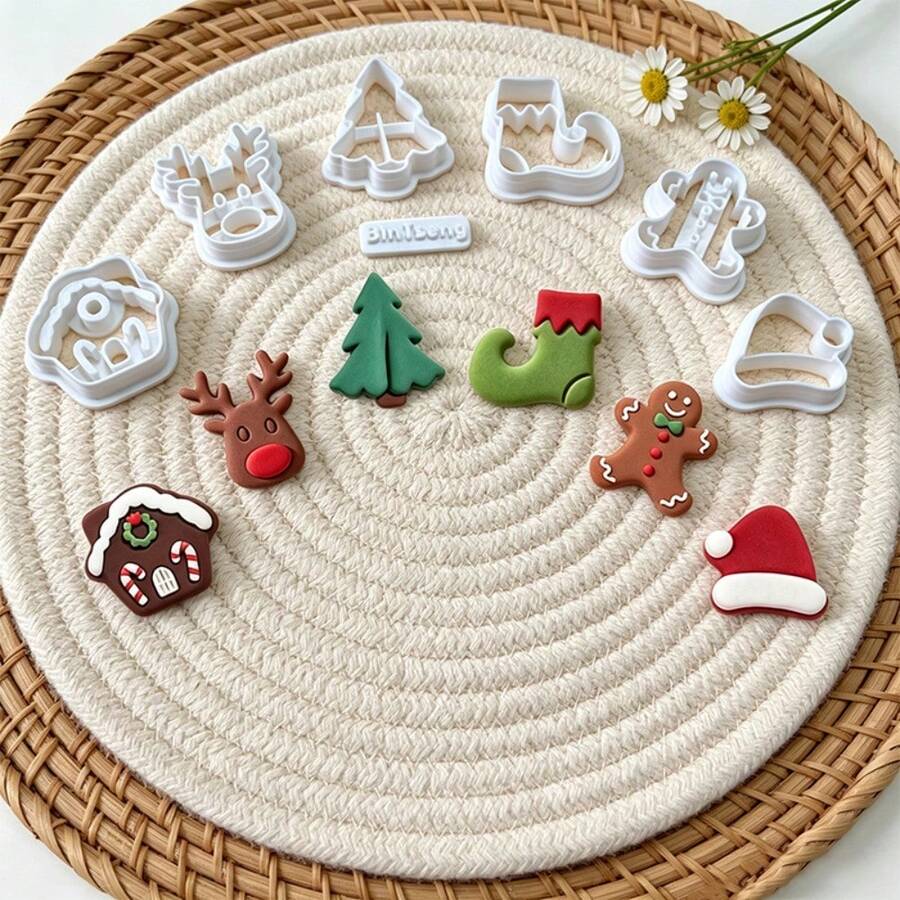 7Pcs Christmas Gingerbread Man Reindeer House Sock Tree Hat Shape Clay Cutting Molds, Polymer Clay Tools For Handmade Earring Pendant Ornament Making - 7pcs - View 1
