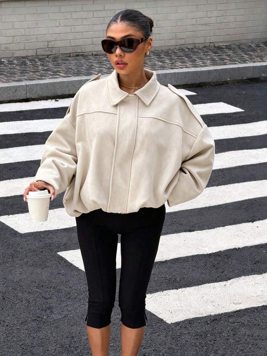 Camellia Spring/Autumn New Women's Casual Versatile Suede Texture Effect Flight Jacket Coat - Beige - View 1
