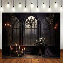 2D Flat BannerGothic Arch Window Candlelight Background, 1 Polyester ...