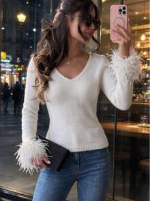 V-Neck Feather Cuff Fuzzy Knit Sweater, Elegant Long Sleeve Solid Color Soft Pullover Women's Top - White - View 2